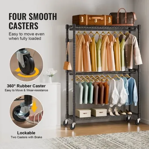 VEVOR 3-lagiger Rollbarer Kleiderständer Garderobenständer Kleiderstangen, 204 cm Höhe Stahl Kleiderständer 182 kg Belastbar, Strapazierfähig Ständer für Schlafzimmer, Wäscheraum, Ankleidezimmer usw. – Bild 3