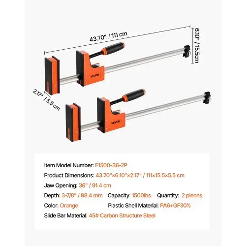 VEVOR Stangenklemmen für Holzbearbeitung 2 Stk. 914 mm Öffnung, Parallelklemmen-Set, F-Klemme mit 680 kg Belastungsgrenze, 98,4 mm Tiefe, Kunststoff & Kohlenstoffstahl, Metallbearbeitung Orange – Bild 6