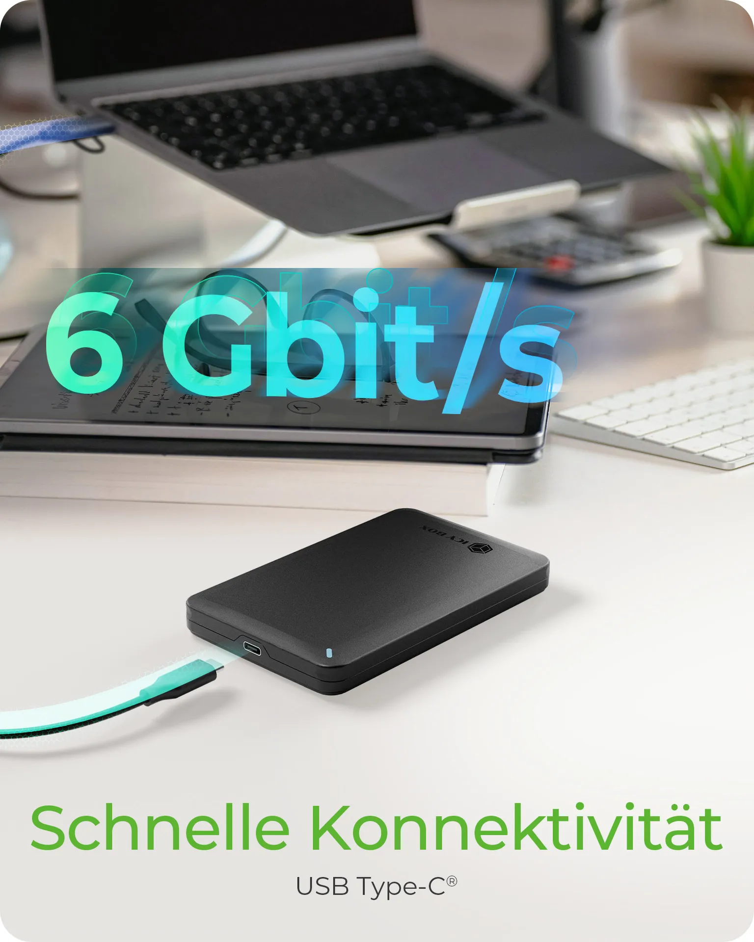 ICY BOX IB-201T-CU31, ext. 2.5" SATA Gehäuse, USB 3.2 Gen 2 bis zu 10 Gbit/s, Werkzeuglos, Kunststoff, schwarz – Bild 2