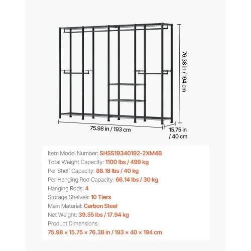 VEVOR Kleiderständer Garderobenständer (verstellbar) mit 4 Kleiderstangen & 499 kg Tragkraft & 10 Regalen, robuster offener Kleiderschrank für Schlafzimmer Bekleidungsgeschäft Garderobe Flur – Bild 2