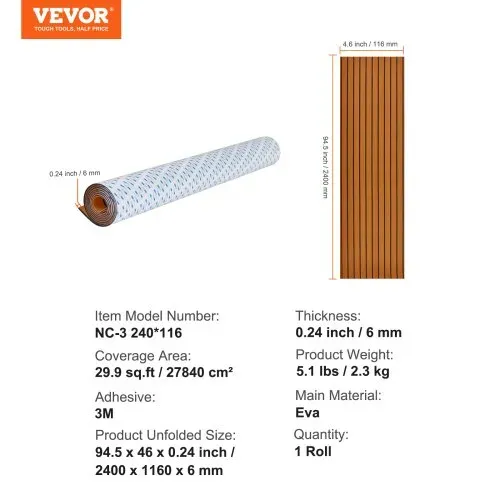 VEVOR Bootsbodenbelag, EVA-Schaum-Bootsdeck 2400 x 1160 x 6 mm, rutschfester selbstklebender Bodenbelag, 27840 cm² großer Marineteppich für Boote, Yachten, Pontons, Kajakdecks – Bild 6