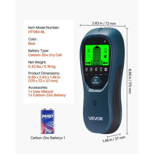 VEVOR Balkenfinder, Wandscanner, 5-in-1, elektronischer Multidetektor mit intelligentem Sensor, hochauflösendem LCD-Display & Audioalarm, für Metall, Wechselstromkabeln, Balken, Rohren, Blau – Bild 6
