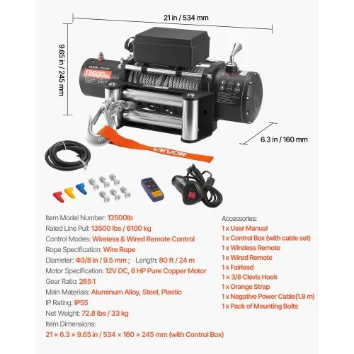 VEVOR Elektrische Seilwinde, 6100 kg, 12 V DC Elektrowinde mit 24 m Seil, kabellose & kabelgebundene Fernbedienung, IP55 Offroadwinde zum Abschleppen von SUV, Jeep, Anhänger, Boot, Geländewagen – Bild 6