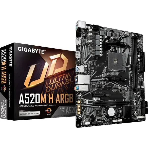 GIGABYTE A520M H ARGB Mainboard – Unterstützt AMD Ryzen 5000 Prozessoren, bis zu 5100 MHz DDR4 (OC), PCIe 3.0 x4 M.2, 1-GbE-LAN, USB 3.2 Gen 1 GIGABYTE A520M H ARGB Mainboard – Unterstützt AMD Ryzen 5000 Prozessoren, bis zu 5100 MHz DDR4 (OC), PCIe 3.0 x4 M.2, 1-GbE-LAN, USB 3.2 Gen 1
