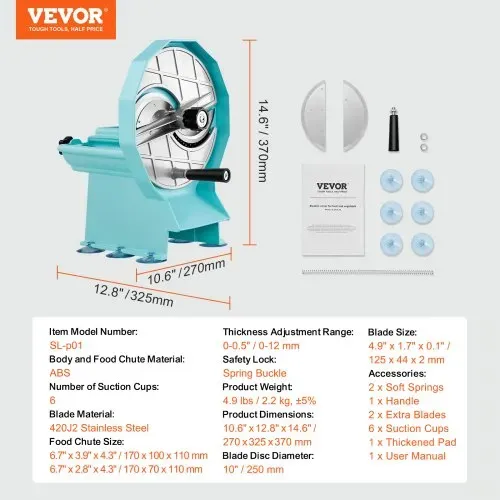 VEVOR Manueller Gemüse- und Obstschneider, 0–12 mm Dicke, Einstellbare Kommerzielle Schneidemaschine, Doppelte Zufuhröffnungen, Lebensmittelschneider mit Edelstahlklinge für Gurken, Zitronen, Tomaten – Bild 6
