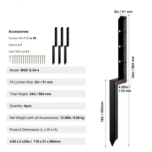 VEVOR Reparaturset für Zaunpfostenanker, 4er-Pack, Innendurchmesser 51 x 51 mm, robuste Stützpfähle für Zaunpfosten aus Stahl, Anker-Erdspieß zur Reparatur von schiefen, gebrochenen Holzzaunpfosten – Bild 10