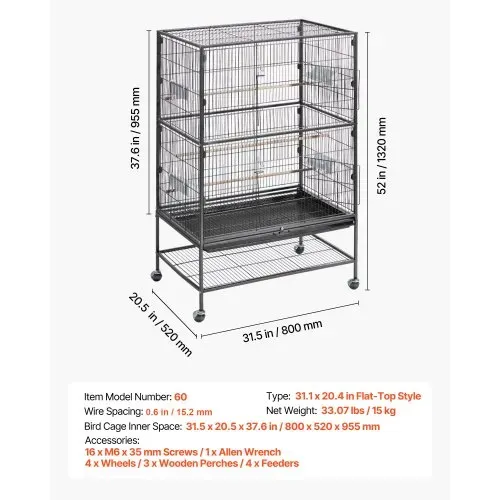 VEVOR Vogelkäfig, 800x520x1320 mm, Vogelvoliere aus Schmiedeeisen mit Sitzstangen, Schale & Kunststofffutternäpfen, Rollen, Vogelhaus für Papageien, Blaumeisen, Nymphensittiche & Kanarienvögel – Bild 6