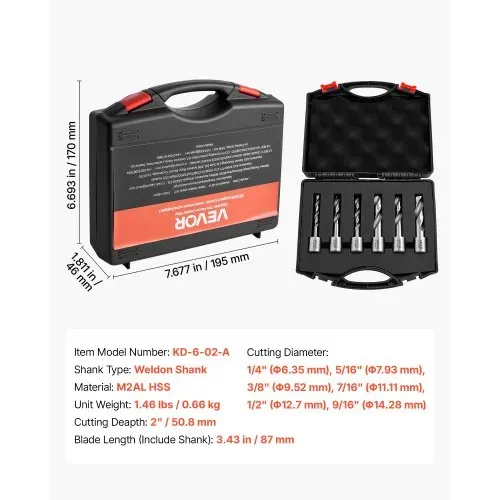 VEVOR HSS-Kernbohrer Weldon-Schaft 6-tlg. Magnetbohrer 6,35–14,28 mm Schnittdurchmesser, 6 Bohrer im Kunststoffkoffer, 50,8 mm Schnitttiefe, Ideal für Magnetbohrmaschinen, Stahl, Aluminium, Kupfer – Bild 6