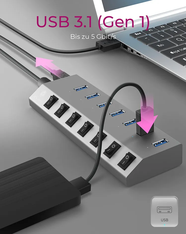 ICY BOX IB-HUB1701-C3, 7 Port USB 3.2 Gen 1 Type-A Hub, Aluminium Gehäuse, mit 7x USB Type-A, Type-A + Type-C Host, An-/Ausschalter für jeden Port – Bild 5