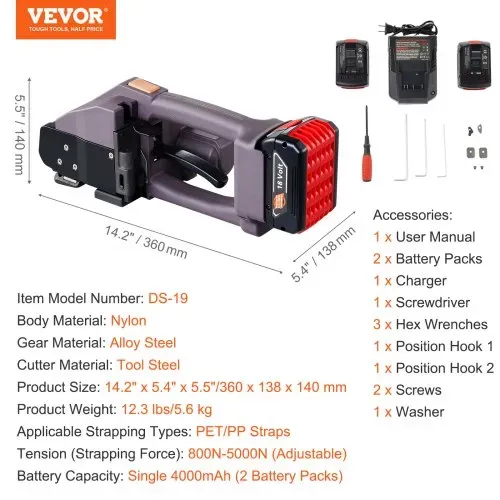 VEVOR Elektrische Umreifungsmaschine, für 0,39"-0,75" PP-PET-Bänder, tragbares elektrisches Umreifungswerkzeug mit Digitalanzeige, 2 x 4000 mAh batteriebetriebenes automatisches Umreifungswerkzeug für Verpackungskartonpaletten – Bild 6