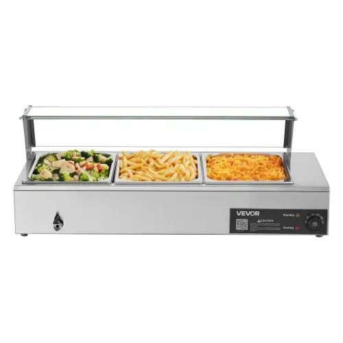 VEVOR kommerzieller Speisenwärmer mit Glasabdeckung & 3 Behälter (1/2-Größe) 1,5 kW Buffetwärmer Edelstahl, Buffetbehälter Buffet-Wasserbad Speisenwärmstation für Restaurants Partys Buffets – Bild 10