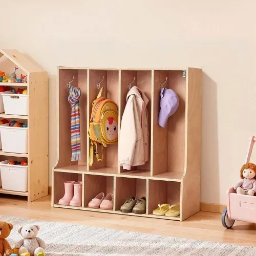 VEVOR Offener Kinderkleiderschrank aus Sperrholz, Kindergarderobe mit 8 Haken & 8 Fächern (4 Groß + 4 Klein), Garderobenregal & Aufbewahrungsregal für Kinderzimmer Zuhause Kindergarten Kita – Bild 7