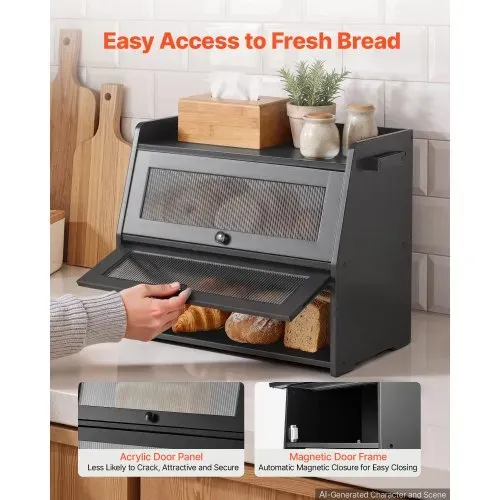 VEVOR Brotkasten mit 2 Acrylfenstern 464 x 251 x 361 mm Bambusholz Schwarz für Bagels, Muffins & Selbstgebackenes Brot, Brotbox mit Magnetverschluss, Seitenhaken & Belüftungslöchern, Brotkiste Küche – Bild 2