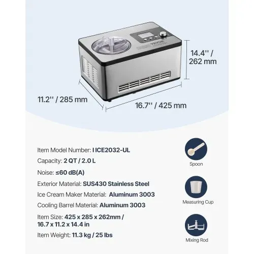 VEVOR Kompressor Eismaschine Eiscrememaschine 2 L, 180 W Frozen Joghurtbereiter Speiseeismaschine 3 Modi Joghurtmaschine Haushalt, Tragbare Eismaschine Sorbet Gelato Geräuscharm Silber Elektrisch – Bild 6
