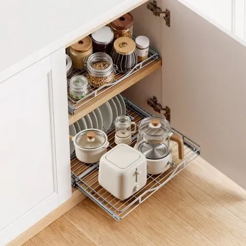 VEVOR Ausziehbarer Schrankorganizer 500 x 535 mm (B x T) aus Kohlenstoffstahl für Kochgeschirr, Gewürzgläser, Lebensmittel und Reinigungsmittel, Verchromte Oberfläche, Auszugsboden für Unterschränke – Bild 7