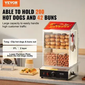 VEVOR Hot Dog Dampfgarer, 37L, 2-stufiger Hot Dog Hütten-Dampfgarer, 30℃~85℃ Temperaturregelung, elektrischer Brötchenwärmer mit Schiebetüren aus gehärtetem Glas, Trennplattenzange, Edelstahl, für Hot Dogs & Brötchen VEVOR Hot Dog Dampfgarer, 37L, 2-stufiger Hot Dog Hütten-Dampfgarer, 30℃~85℃ Temperaturregelung, elektrischer Brötchenwärmer mit Schiebetüren aus gehärtetem Glas, Trennplattenzange, Edelstahl, für Hot Dogs & Brötchen