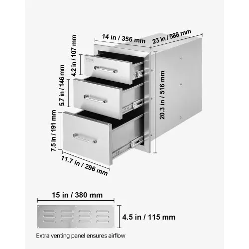 VEVOR Outdoor-Küchenschubladen, Unterputz-Grillschubladen aus Edelstahl mit dreifachem Zugriff und Griff, Grillinselschubladen für Außenküchen oder Terrassen-Grillstationen 356 x 516 x 588 mm – Bild 6