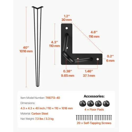 VEVOR Tischbein Tischbeine Metall Schwarz 101,6 cm 4 Stück Haarnadel Tischbeine 3 Pfosten Tischfüße Verstellbar Austauschbare Diy VEVOR Tischbein Tischbeine Metall Schwarz 101,6 cm 4 Stück Haarnadel Tischbeine 3 Pfosten Tischfüße Verstellbar Austauschbare Diy