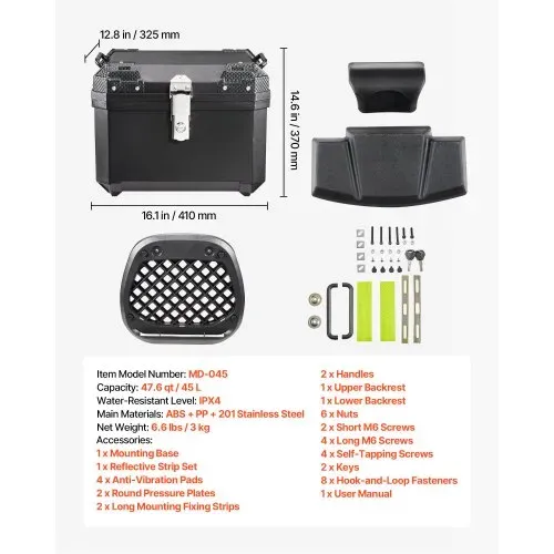 VEVOR Motorrad-Topcase 45 L aus ABS Universeller Schwarzer Motorradkoffer für Motorräder mit Platz für Einen Helm, mit Rückenlehne Schloss 2 Schlüsseln und Reflex-Aufklebern, IPX4-Spritzwasserschutz – Bild 6