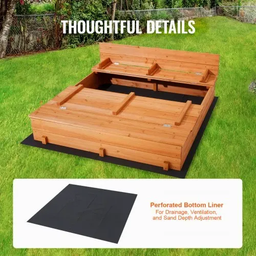 VEVOR Sandkasten aus Holz, 132 x 120 x 43 cm, Sandkasten mit klappbaren Sitzbänken und Bodeneinlage, Sandkasten aus Naturholz für Kinder für den Garten, Strand, Park, Geschenk für Jungen und Mädchen im Alter von 3–12 Jahren – Bild 5