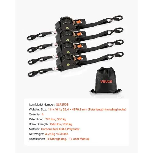VEVOR Automatik Spanngurt, 25,4x4876,8 mm, Zurrgurte mit S-Haken, 700 kg Bruchlast, Tragetasche, einziehbare Ratschengurte für Umzüge, Anhänger, Motorräder, Kajaks, Autodächer, 4er-Pack – Bild 6
