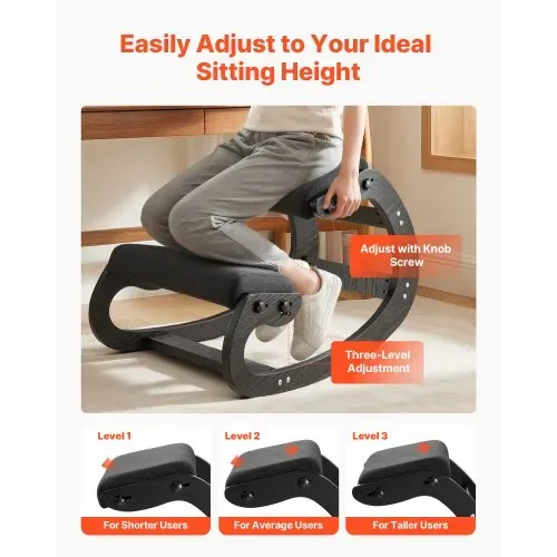VEVOR Ergonomischer Hocker mit Dicken, Integrierten Schaumstoffpolstern & Massivholzrahmen, Höhenverstellbarer Kniestuhl zur Entlastung von Nacken und Rücken, Ideal für Zuhause, Büro, Schwarz – Bild 3
