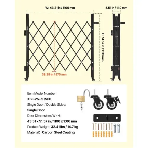 VEVOR Sicherheitstor (Einzel) abschließbares klappbares Scherentor mit 360°-Lenkrollen, einziehbare Stahltore Outdoor, für Eingangssicherheit Garage Lager, Falttor 110 x 131 cm (B x H) schwarz – Bild 6