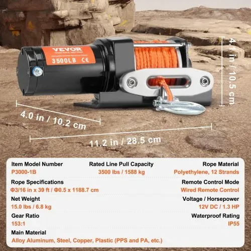 VEVOR Elektrische Seilwinde, 3500 lb Seilzugkapazität, 12 V DC ATV/UTV-Winde mit Φ3/16 Zoll x 39 Fuß 12 Strängen Synthetikseil, Aluminium-Seilführung, kabelgebundene Fernbedienung, IP55 wasserdicht zum Schleppen von UTV, ATV, Boot – Bild 6