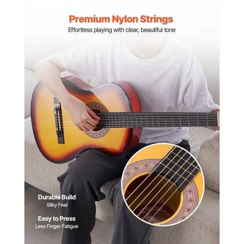 VEVOR Konzertgitarre, 960 mm, Holz-Klassikgitarren-Starter-Set für Anfänger, mit Nylonsaiten, Gigbag, Gurt, Stimmgerät, zusätzlicher Saite, Plektrum, Kapodaster, Linde, für Einsteiger, Sunburst – Bild 2
