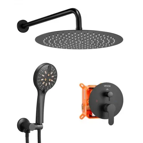VEVOR Duscharmatur Regenduschsystem fürs Badezimmer Duschsystem mit 305 mm runden Regenduschkopf & Handbrause, wandmontierte Badezimmerarmaturen mit Messingventil & Zierset, Mattschwarz – Bild 9