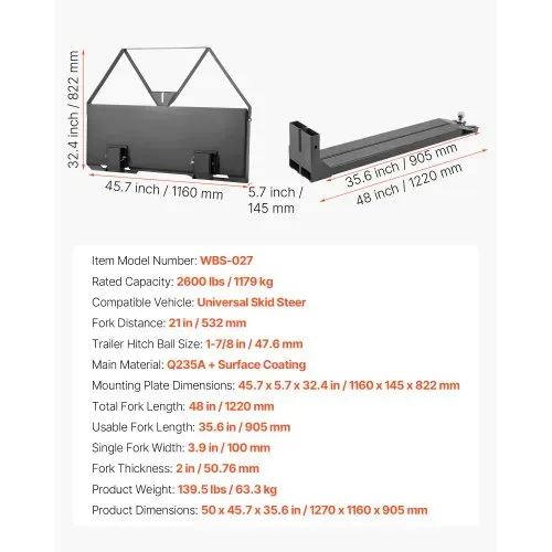 VEVOR Schnellbefestigung, 1160x145x822 mm Palettengabeln für Kompaktlader mit Rahmen, 1179 kg Traglast, Anhängerkupplungskugel 47,6 mm, Schnellkupplung, Frontlader, für Kompaktlader, Traktoren – Bild 6