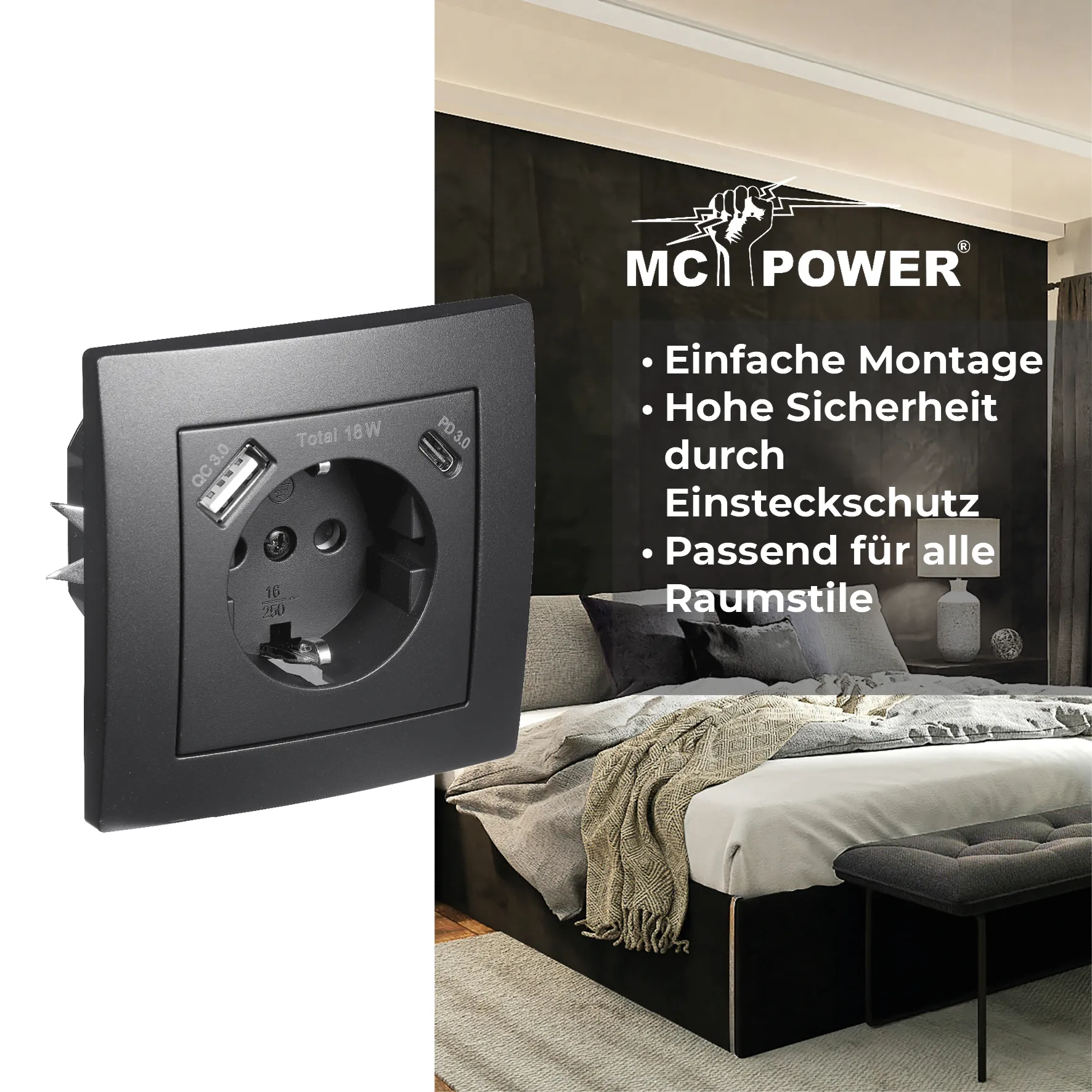 Schutzkontakt-Steckdose McPower ''Flair'' 1x USB-C 18W PD, 1x USB-A, matt schwarz – Bild 4