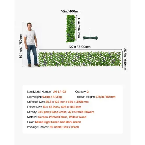 VEVOR Künstliche Hecke 64,9x310 cm 2-tlg. Set, Pflanzenwand, Ausziehbarer Sichtschutz, Sichtschutzzaun, Heckenzaun, Kunstpflanzen Balkonverkleidung für Hochzeiten, Außengärten, Hinterhöfe – Bild 6