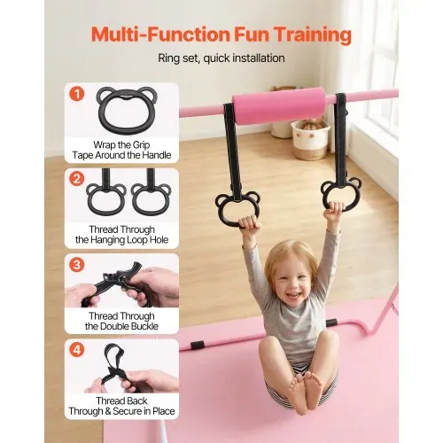 VEVOR Gymnastikstange für Kinder mit 63,5 kg Tragkraft, Klappbares Turnreck mit Matte, Höhenverstellbare Turnstange für Indoor- und Outdoor-Training, Heimtrainingsgerät für Kinderturnen zu Hause, Rosa – Bild 3