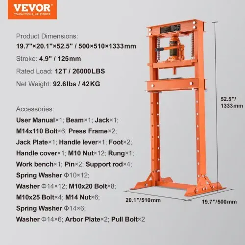 VEVOR Werkstattpresse Hydraulikpresse 12 t, Auto Kfz Rahmenpresse Presse Orange 40-705 mm, Manuelle Lagerpresse Kohlenstoffstahl Werkstattpresse für die Autobuchsen, Kugelgelenke, U-Gelenke usw. – Bild 6