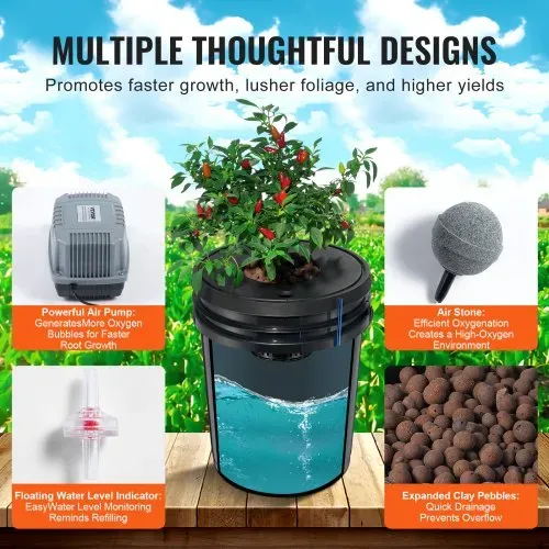 VEVOR DWC Hydroponics Grow System, Hydroponisches Anbausystem, Deep Water Culture 5-Gallonen 8 Eimer, DWC-System mit Luftpumpe, Luftsteinen und Wasserstandsanzeige für Blattgemüse – Bild 2