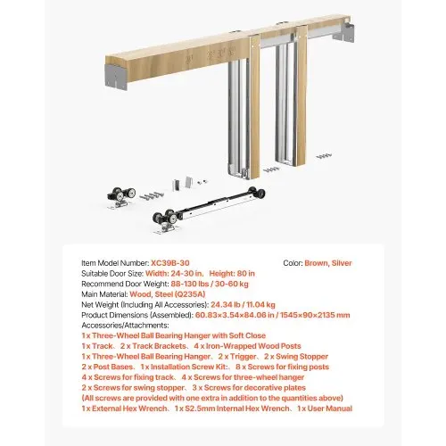 VEVOR Schiebetürrahmen-Set für 610–762 mm breite & 2032 mm hohe Türen, Schiebetürsystem-Set aus verzinkter Stahl & Holz mit Zwei-Wege-Soft-Close-Mechanismus & sanftem Gleiten, für Wohnzimmer – Bild 6