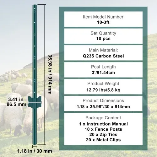VEVOR 3 Fuß langer Zaunpfosten, 10er-Pack T-Pfosten Hochleistungs-Zaunpfosten aus Metall, stabile Zaunpfähle aus Stahl für Gartenhof, Rasen, Bauernhöfe und Maschendrahtzäune im Freien, grün – Bild 6