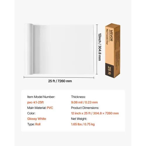 VEVOR Vinylfolie Wärmeübertragung Transferfolie (304,8 x 7260 mm), glänzend weiße HTV-Bügelvinylrolle, kompatibel mit Schneidemaschinen, für verschiedene Materialien T-Shirts Kissen Hüte – Bild 6