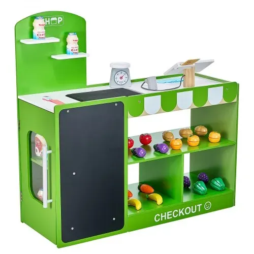 VEVOR Kaufmannsladen-Spielset, Holzspiel 35-teilig, Kinder-Supermarkt-Spielladen mit Einkaufstasche, Förderband, Scanner, Registrierkasse, realistischer Obst und Gemüse, für Kinder ab 3 Jahren – Bild 10