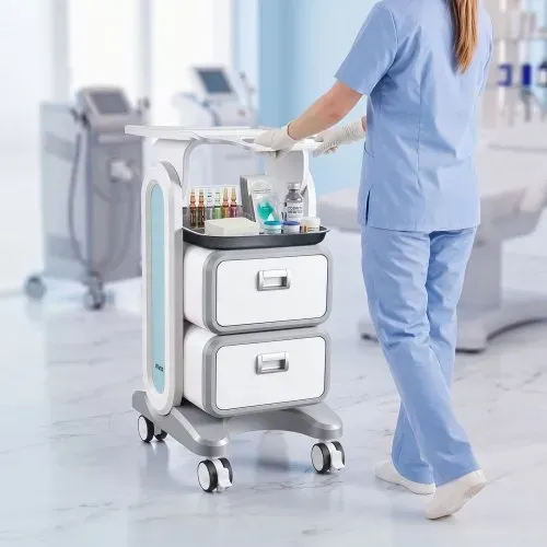 VEVOR Laborwagen mit 3 Ebenen, Laborwagen mit 2 Schubladen und 1 oberen Ablage, mobiler medizinischer Wagen aus ABS-Material, Laborrollwagen mit 4 leisen Rädern für Labor, Klinik, Krankenhaus, Salon, weiß – Bild 7
