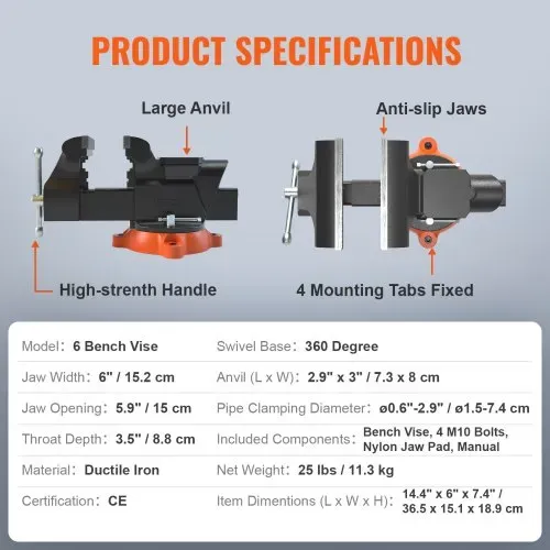 VEVOR 15,2cm Schraubstock 360° Drehbar Sphäroguss Werkbankschraubstock 7,3x8cm Amboss Schraubstock 15cm Backenöffnung Parallelschraubstock U-förmige Führungsstange zum Schärfen Schleifen Schneiden – Bild 6