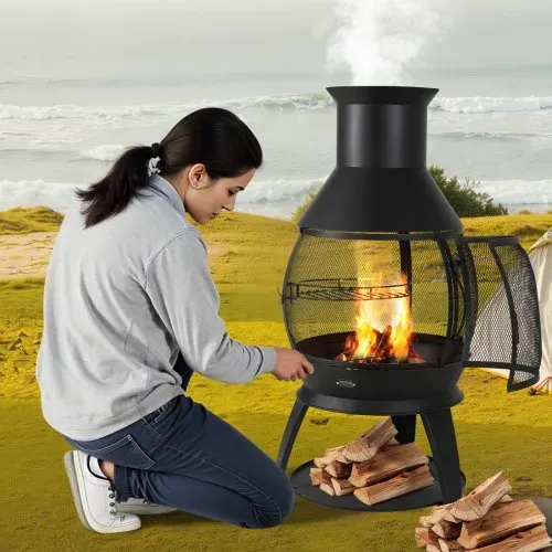 VEVOR Gartenkamin, φ500x1100mm Terrassenofen, Aztekenofen aus Eisen zum Grillen & Wärmen, Chimenea Feuerstelle mit Grillgitter, Kaminmantel & rostfreiem Kamindeckel, für Terrasse, Garten, Hinterhof – Bild 7