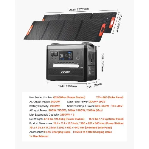 VEVOR Tragbare Powerstation, 2400-W-Solargenerator mit 2 faltbaren 200-W-Solarpanels, erweiterbarer 2160-Wh-LiFePO4-Akku mit 10 Ausgängen für Notstromversorgung zu Hause, beim Camping und im Wohnmobil – Bild 6