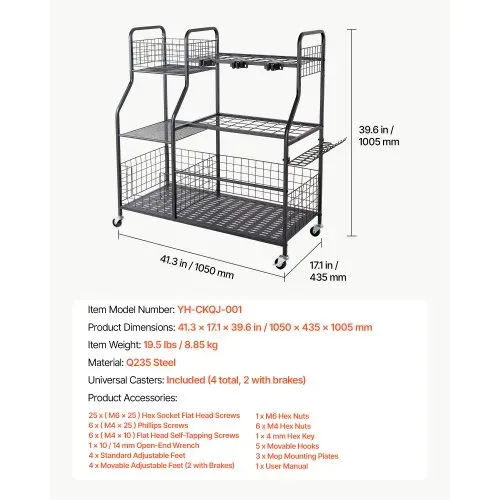 VEVOR Gartengeräte Ständer 1050x435x1005mm Gerätehalter mit Rollen Schwarz, Aufbewahrungsregal für Garage Schuppen Garten, Stahl-Organizer für Besen, mit 3 Ablagefächern Haken & Doppelschichtschlitzen – Bild 6