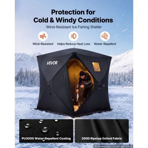 VEVOR Eisangelzelt Eisfischerzelt für 3-4 Personen 1,8x1,8x2 m Angelzelt, Eisschutzzelt für Winterangeln, 3,13 m² Fläche, 300D Oxford-Gewebe, Hub-Style-Zelt mit Ankern, Seile, Tragetasche, Schwarz – Bild 2