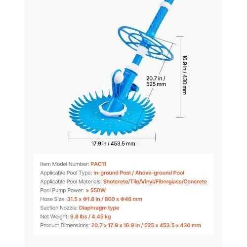 VEVOR Poolsauger mit Saugfunktion, Poolstaubsauger Poolreiniger mit Saugseite, Poolkehrmaschine mit 12 Schläuchen, geeignet für Einbaupools und Aufstellpools bis zu 6,1 x 10,7 m blau – Bild 6
