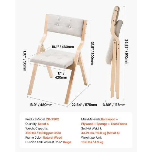 VEVOR Klappstuhl Gartenstuhl mit gepolstertem Kissen & Holzrahmen 4 Stk. moderner Esszimmerstuhl für Küche Büro Party, Küchenstuhl bis 180 kg belastbar (pro) faltbar Beige + weiß platzsparend – Bild 6