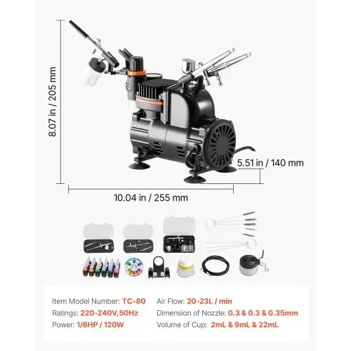 VEVOR Airbrush Set 1/6 PS mit Luftkompressor, 3 Dual Action Airbrush Pistolen mit 3 Düsen (0,3/0,3/0,35mm) & Schlauch & Acrylfarbe, für Kuchendekoration Modellmalerei Nagelkunst geräuscharm – Bild 6