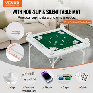 VEVOR Mahjong-Tisch, Klappbarer Dominotisch für 4 Spieler mit Verschleißfester Grüner Tischplatte, Tragbarer Quadratischer Kartentisch mit 4 Getränkehaltern & 4 Chip-Fächern für Mahjong-Poker-Puzzles VEVOR Mahjong-Tisch, Klappbarer Dominotisch für 4 Spieler mit Verschleißfester Grüner Tischplatte, Tragbarer Quadratischer Kartentisch mit 4 Getränkehaltern & 4 Chip-Fächern für Mahjong-Poker-Puzzles